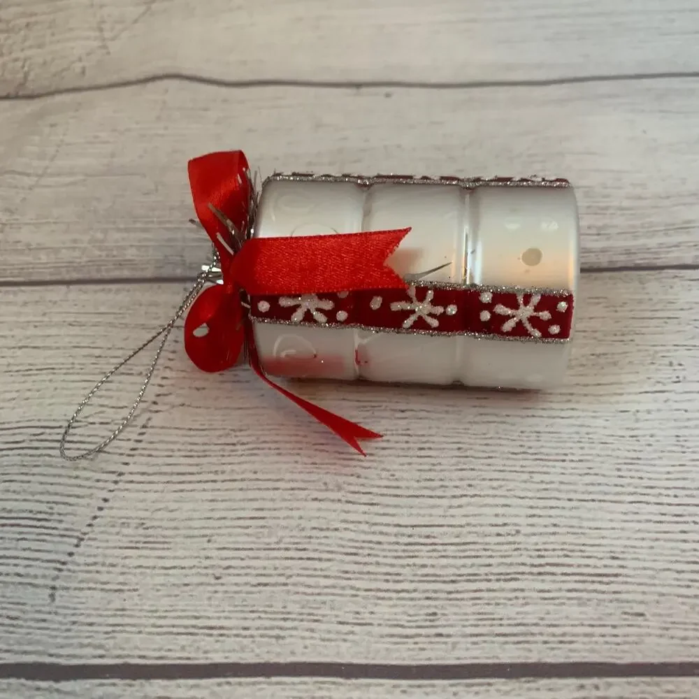 Glass Present Christmas Ornament Silver Stacked Gift Box Red Ribbon Tinsel 4